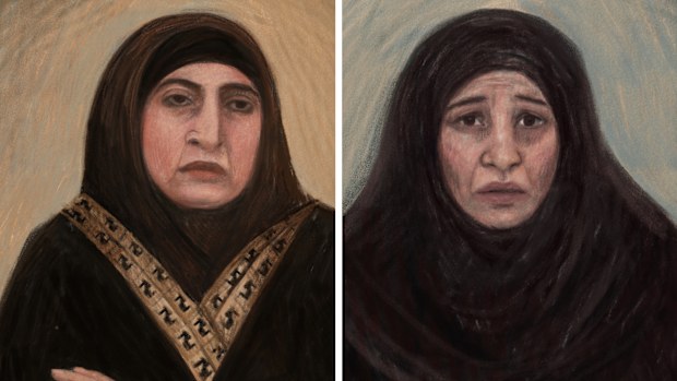 A combined image shows (left) a court sketch depicting Kawsar Ahmad, 53, also known as Abbas, during her bail application in Melbourne, Friday, May 8, 2026 and (right) a court sketch depicting Zeinab Ahmad during her bail application in Melbourne.