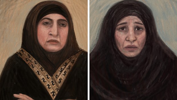 A combined image shows (left) a court sketch depicting Kawsar Ahmad, 53, also known as Abbas, during her bail application in Melbourne, Friday, May 8, 2026 and (right) a court sketch depicting Zeinab Ahmad during her bail application in Melbourne.