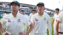 LONDON, ENGLAND - JULY 31: Steve Smith, Marnus Labuschagne and Scott Boland of Australia interact following Day Five of the LV= Insurance Ashes 5th Test Match between England and Australia at The Kia Oval on July 31, 2023 in London, England. (Photo by Ryan Pierse/Getty Images)