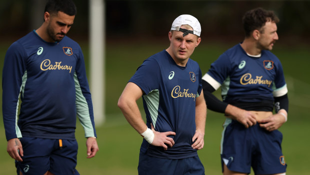 Tom Lynagh looks on during a Wallabies training session at David Phillips Sports Complex.