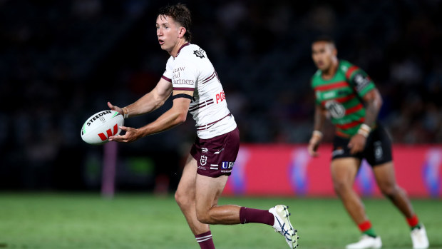 Cooper Johns of the Sea Eagles passes during the South Sydney Rabbitohs and the Manly Sea Eagles at Industree Group Stadium on February 10, 2023 in Gosford, Australia. (Photo by Jason McCawley/Getty Images)