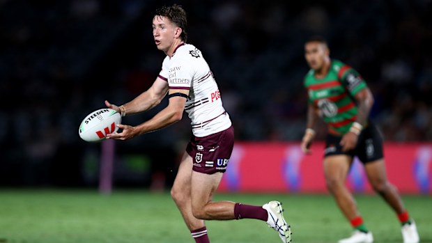 Cooper Johns of the Sea Eagles passes during the South Sydney Rabbitohs and the Manly Sea Eagles at Industree Group Stadium on February 10, 2023 in Gosford, Australia. (Photo by Jason McCawley/Getty Images)