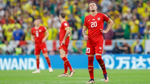Sergej Milinkovic-Savic of Serbia looks dejected after the first goal during the FIFA World Cup Qatar 2022 Group G match between Brazil and Serbia at Lusail Stadium on November 24, 2022 in Lusail City, Qatar. (Photo by Matteo Ciambelli/DeFodi Images via Getty Images)