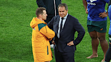 Bernard Foley talks to Wallabies coach Dave Rennie after the defeat.