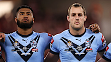Payne Haas, Isaah Yeo and Liam Martin sing the anthem before game one of the 2021 State of Origin series between the New South Wales Blues and the Queensland Maroons at Queensland Country Bank Stadium on June 09, 2021 in Townsville, Australia. (Photo by Mark Kolbe/Getty Images)
