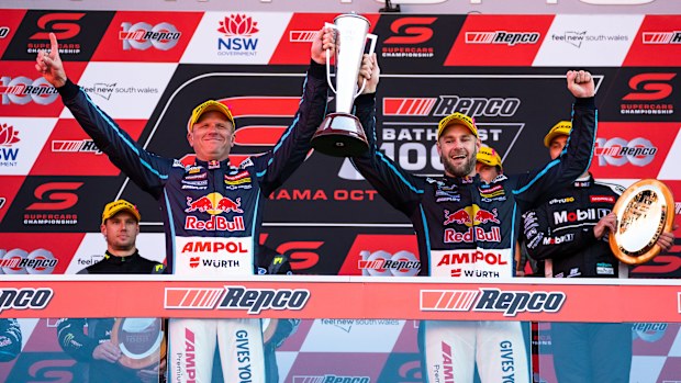 Shane van Gisbergen driver of the #97 Red Bull Ampol Holden Commodore ZB and Garth Tander driver of the #97 Red Bull Ampol Holden Commodore ZB celebrate after winning the Bathurst 1000, which is race 30 of 2022 Supercars Championship Season at Mount Panorama on October 09, 2022 in Bathurst, Australia. (Photo by Daniel Kalisz/Getty Images)
