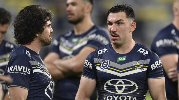 Reece Robson of the Cowboys looks on after losing the round 25 NRL match between North Queensland Cowboys and Cronulla Sharks at Qld Country Bank Stadium on August 17, 2023 in Townsville, Australia. (Photo by Ian Hitchcock/Getty Images)
