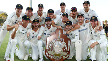 PERTH, AUSTRALIA - MARCH 24: Western Australia pose after winning the Sheffield Shield Final match between Western Australia and Tasmania at WACA, on March 24, 2024, in Perth, Australia. (Photo by Will Russell/Getty Images)