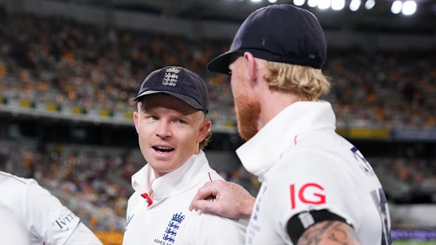 England's Ben Stokes and Ollie Pope on day four of the second NRMA Insurance Ashes Series 2025 test at The Gabba, Brisbane, Australia. Picture date: Sunday December 7, 2025. (Photo by Robbie Stephenson/PA Images via Getty Images)