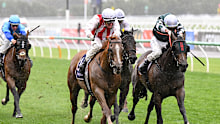 Giga Kick ridden by Mark Zahra wins the VRC Champions Sprint at Flemington Racecourse.