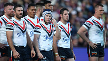 James Tedesco and Luke Keary of the Roosters look on during their round 18 match against Manly Sea Eagles. 