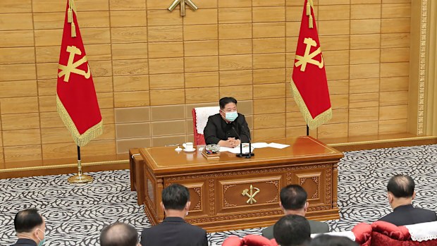 In this photo provided by the North Korean government, North Korean leader Kim Jong Un, top, attends a meeting on anti-virus strategies in Pyongyang, North Korea 