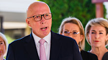 Opposition Leader Peter Dutton was asked about transgender women after unveiling the $90 million domestic violence package.