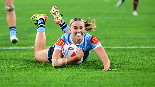 Jaime Chapman ran nearly 80m to score this try for the Sky Blues in the Women's State of Origin series opener.