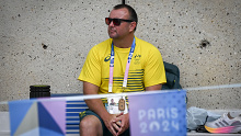 Coach Michael Palfrey watches Australian swim team training at the Georges Vallerey Pool on 25 July, 2024.