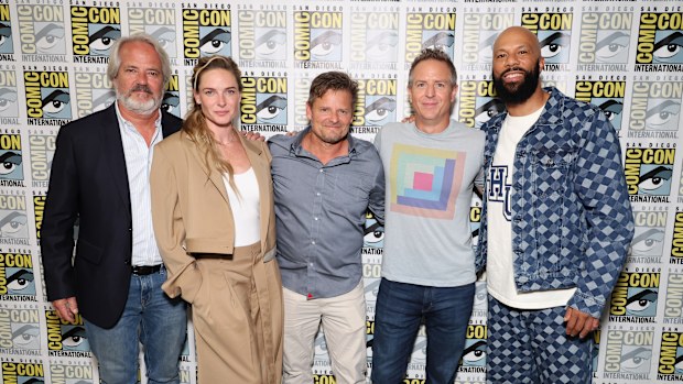 (L-R): Executive producer Graham Yost, Rebecca Ferguson, Steve Zahn, author Hugh Howey and Common attend the Apple TV+ Silo Panel at San Diego Comic-Con 2024 on July 27, 2024 in San Diego, California. Silo season two premieres globally on Friday, November 15, 2024 on Apple TV+ 