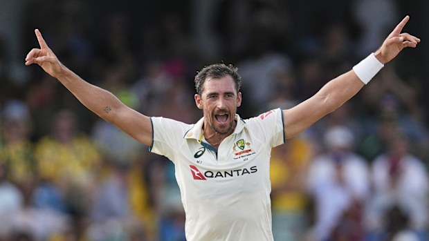 Australia's Mitchell Starc celebrates taking the wicket of West Indies' John Campbell , right, during day one of the first cricket Test match at Kensington Stadium in Bridgetown, Barbados, Wednesday, June 25, 2025. (AP Photo/Ricardo Mazalan)