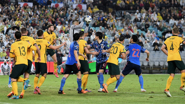 Mathew Ryan saves the ball during the FIFA World Cup qualifier between the Australian Socceroos and Japan.