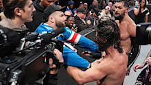 NEW YORK, NEW YORK - NOVEMBER 17: Cam Skattebo hits JD McDonagh during Monday Night RAW at Madison Square Garden on November 17, 2025 in New York City. (Photo by Rich Wade/WWE via Getty Images)