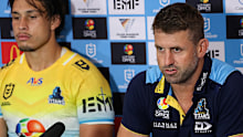 Titans coach Josh Hannay speaking to media after the loss to the Dolphins.