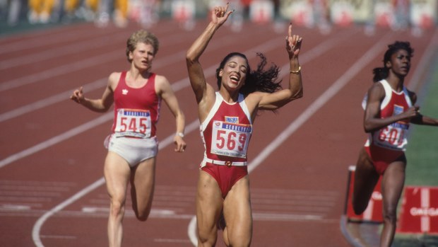 Florence Griffith-Joyner winning gold in the 100m at the Seoul 1988 Olympics.