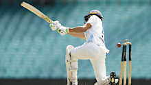 Sam Konstas takes a swipe at a Scott Boland delivery and is bowled in a Sheffield Shield match between NSW and Victoria.