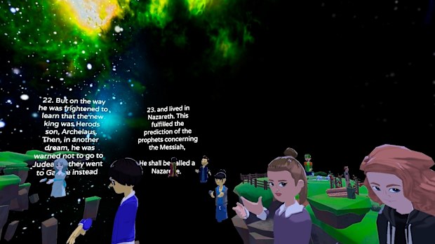 People represented by avatars pray together during a virtual reality worship service hosted by VR Church. 