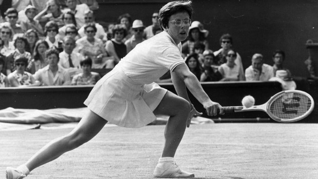 American tennis player Billie Jean King in action against Ann Jones of Great Britain during their Wightman Cup match at Wimbledon in 1970.  (Photo by Ted West/Central Press/Getty Images)