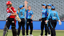 Megan Schutt of the Adelaide Strikers celebrates a wicket during the "The Challenger" Women's Big Bash League Finals match against the Melbourne Renegades.