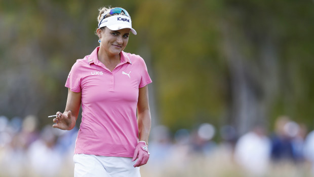 Lexi Thompson of the United States celebrates her hole in one on the 16th green during the second round of the Grant Thornton Invitational at Tiburon Golf Club on December 09, 2023 in Naples, Florida. (Photo by Douglas P. DeFelice/Getty Images)