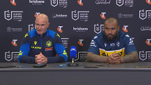 Brad Arthur and Junior Paulo front the media after their Magic Round loss to the Melbourne Storm. 
