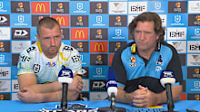 Des Hasler and Kieran Foran speak to media.