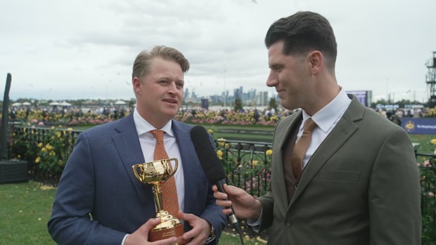 Half Yours' trainer Calvin McEvoy spoke to A Current Affair trackside about Jamie's history-making ride.