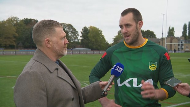 Isaah Yeo speaks with Nine's Danny Weidler after a training session in Twickenham.