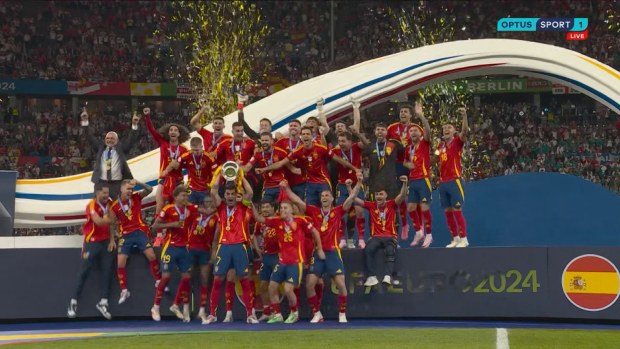 Spain lift UEFA European Championship trophy.