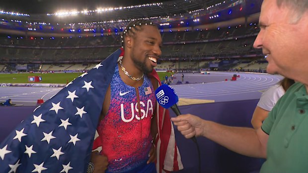 Noah Lyles speaking to Nine's Tony Jones after winning gold in the men's 100m final at Paris 2024.