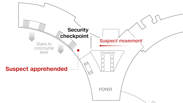A map of the terrace level above the ballroom, with markers showing where the suspect charged a security checkpoint and was apprehended.