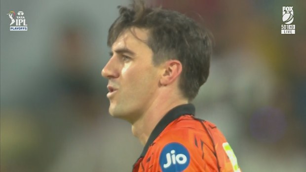 Pat Cummins reacts after he was hit for six by teen phenom Vaibhav Sooryavanshi in the IPL eliminator.