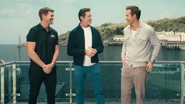 Tom Slingsby (far left), Hugh Jackman (middle) and Ryan Reynolds (far right) are a huge part of SailGP's notoriety. 