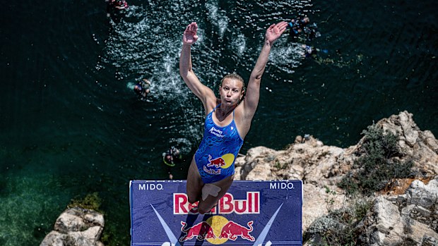 Rhiannan Iffland dives from the 22 metre platform in Athens, Greece.