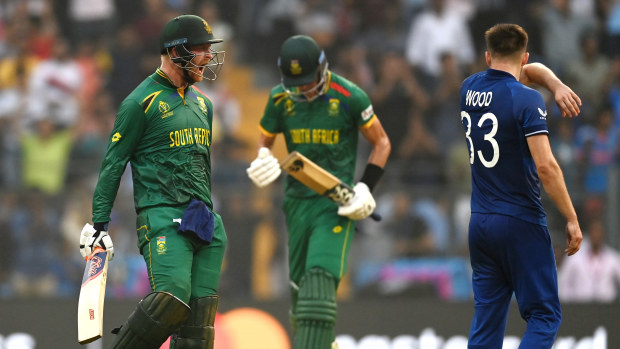 Heinrich Klaasen of South Africa celebrates their century during the ICC Men's Cricket World Cup India 2023 match between England and South Africa at Wankhede Stadium on October 21, 2023 in Mumbai, India. (Photo by Gareth Copley/Getty Images)