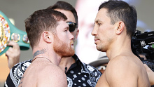 LAS VEGAS, NEVADA - SEPTEMBER 16: Canelo Alvarez of Mexico (L) and Gennadiy Golovkin of Kazakhstan (R) pose during their ceremonial weigh-in at Toshiba Plaza on September 16, 2022 in Las Vegas, Nevada. Alvarez and Golovkin will meet for their undisputed super middleweight title bout at T-Mobile Arena in Las Vegas on September 17. (Photo by Sarah Stier/Getty Images)