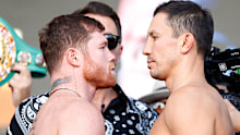 LAS VEGAS, NEVADA - SEPTEMBER 16: Canelo Alvarez of Mexico (L) and Gennadiy Golovkin of Kazakhstan (R) pose during their ceremonial weigh-in at Toshiba Plaza on September 16, 2022 in Las Vegas, Nevada. Alvarez and Golovkin will meet for their undisputed super middleweight title bout at T-Mobile Arena in Las Vegas on September 17. (Photo by Sarah Stier/Getty Images)