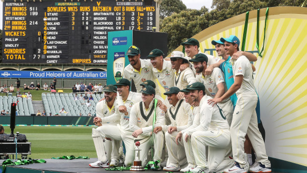 Australian team on the podium after the win during day four of the Second Test Match in the series between Australia and the West Indies.