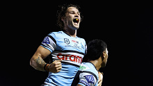 Nicho Hynes celebrates Sharks win. (Photo by Cameron Spencer/Getty Images)