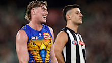 MELBOURNE, AUSTRALIA - MAY 23: Harley Reid of the Eagles and Nick Daicos of the Magpies share a laugh during the 2026 AFL Round 11 match between the Collingwood Magpies and Waalitj Marawar (West Coast Eagles) at the Melbourne Cricket Ground on May 23, 2026 in Melbourne, Australia. (Photo by Michael Willson/AFL Photos via Getty Images)