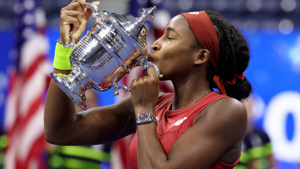 Coco Gauff of the United States celebrates after defeating Aryna Sabalenka of Belarus in their Women's Singles Final match on Day Thirteen of the 2023 US Open at the USTA Billie Jean King National Tennis Center on September 09, 2023 in the Flushing neighborhood of the Queens borough of New York City. (Photo by Elsa/Getty Images)