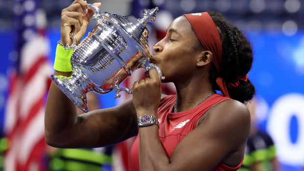 Coco Gauff of the United States celebrates after defeating Aryna Sabalenka of Belarus in their Women's Singles Final match on Day Thirteen of the 2023 US Open at the USTA Billie Jean King National Tennis Center on September 09, 2023 in the Flushing neighborhood of the Queens borough of New York City. (Photo by Elsa/Getty Images)