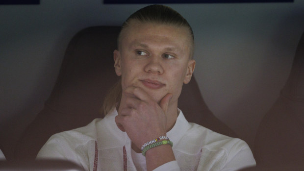 Erling Haaland of Manchester City sits on the bench.