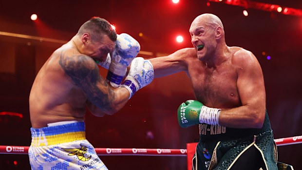 Tyson Fury punches Oleksandr Usyk during the IBF, WBA, WBC, WBO and Undisputed Heavyweight titles' fight between Tyson Fury and Oleksandr Usyk at Kingdom Arena on May 18, 2024 in Riyadh, Saudi Arabia. (Photo by Richard Pelham/Getty Images)